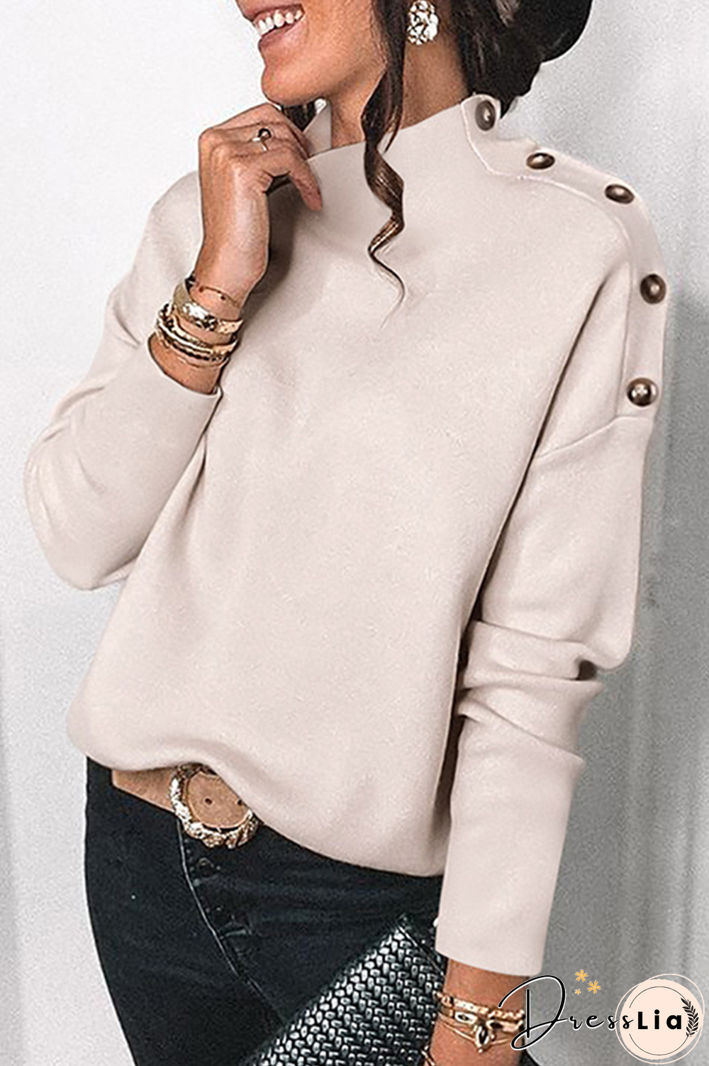 Elegant Solid Patchwork Buttons Turtleneck Tops