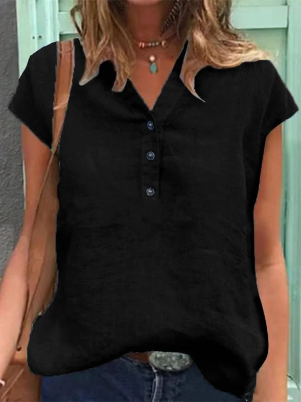 Women's Short Sleeve V-Neck Solid Buttons Top