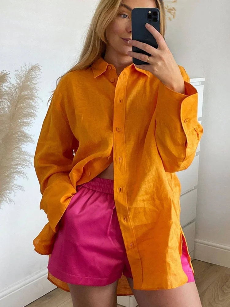 Back to school  Women Fashion Vintage Orange Linen Shirt Lapel Loose Single Breasted Long Sleeve Shirt Jacket Chic Office Oversized Shirt