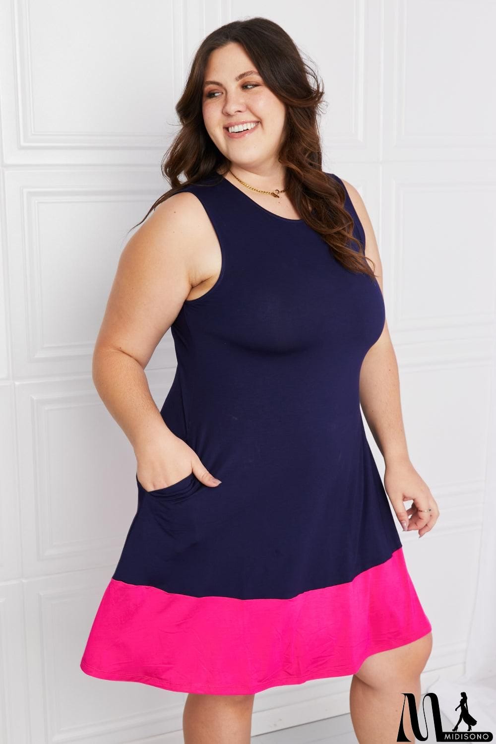 MidiSono - Yelete Full Size Two-Tone Sleeveless Mini Dress with Pockets