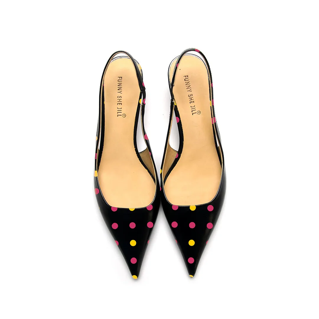 Black Patent Leather Pointed Toe Elegant Kitten Heel With Dots Pattern