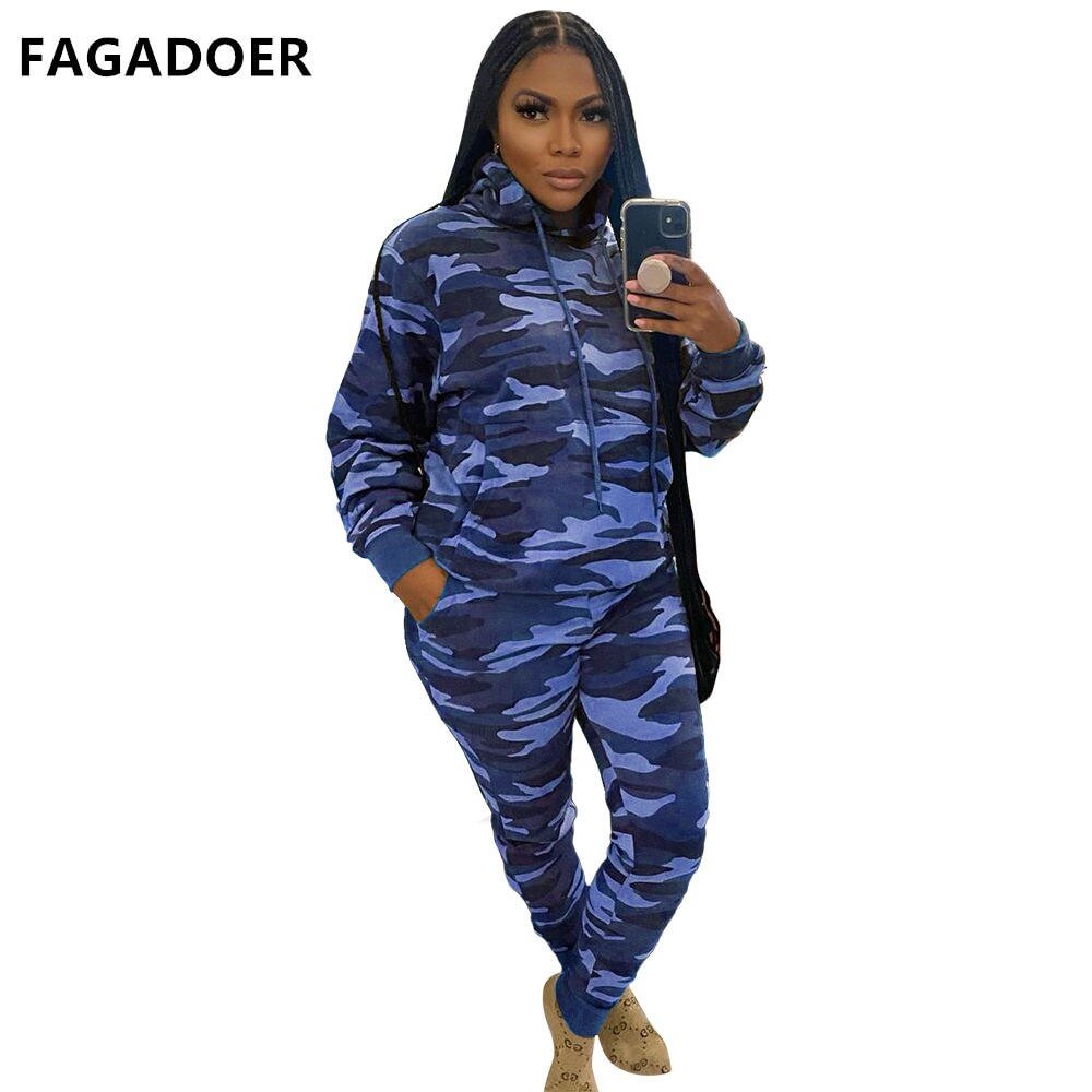 FAGADOER Women Camouflage Tracksuit Two Piece Set Casual Hoodies Sweatshirt And Sweatpants Outfits Winter Female Streetwear 2021