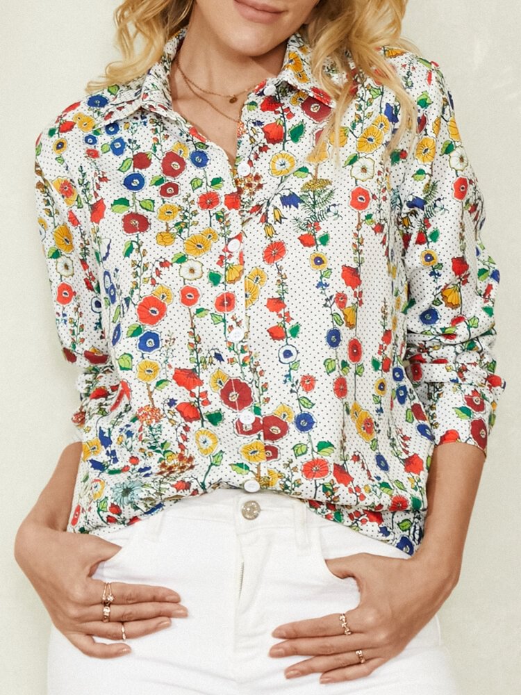 Women Floral Dot Print Lapel Long Sleeve Button Casual Shirt P1805977