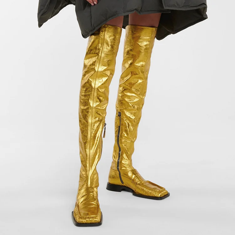 Elastic Fold Over The Knee Flat Boots-Gold
