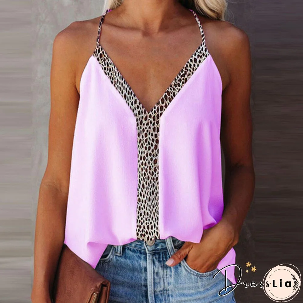 Summer Top Women's Sling Blouses Femme Sexy V Neck Leopard Print Femme Backless Spaghetti Strap Sleeveless Casual Tops Halter