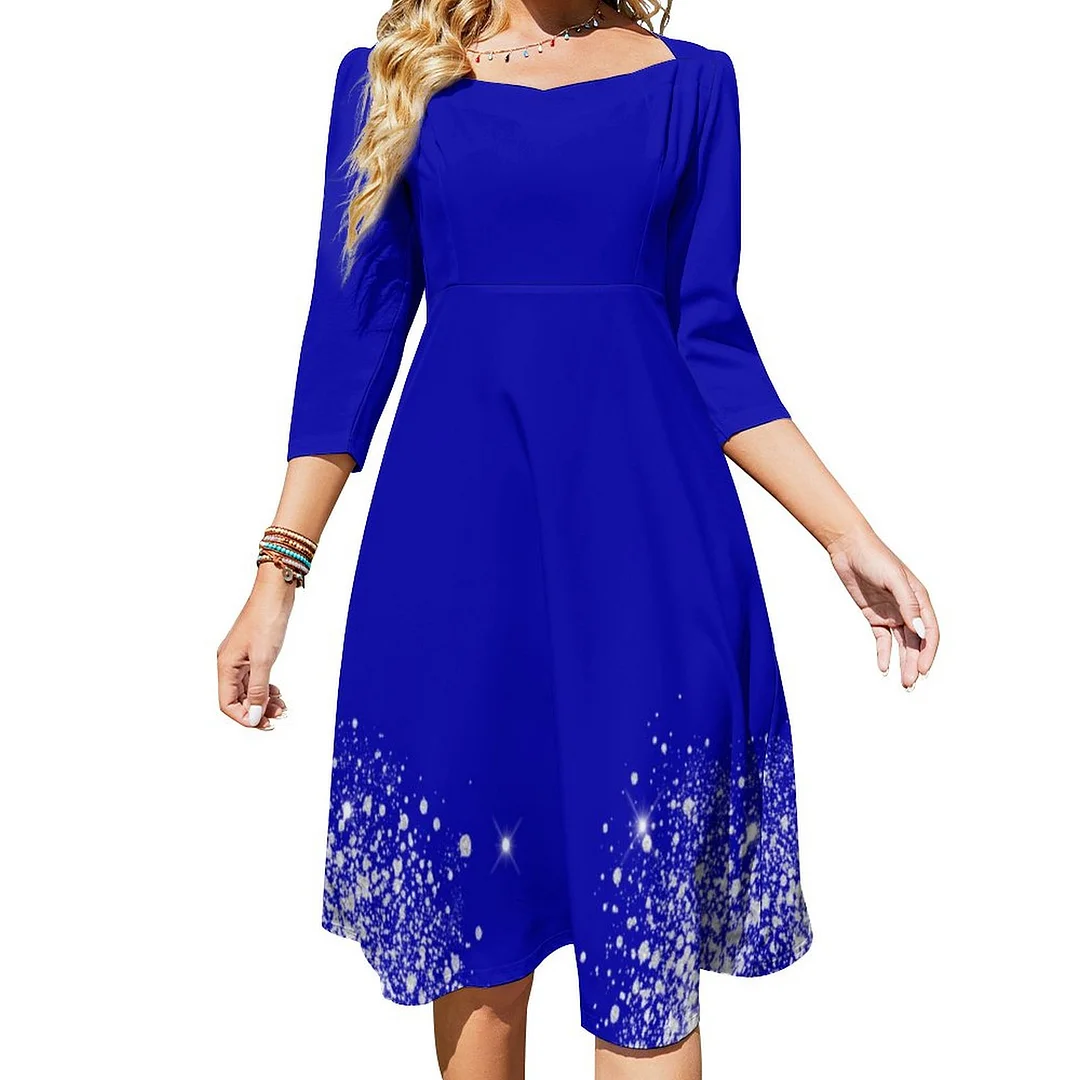 Royal Blue Silver Glitter Dust Dress Sweetheart Tie Back Flared 3/4 Sleeve Midi Dresses