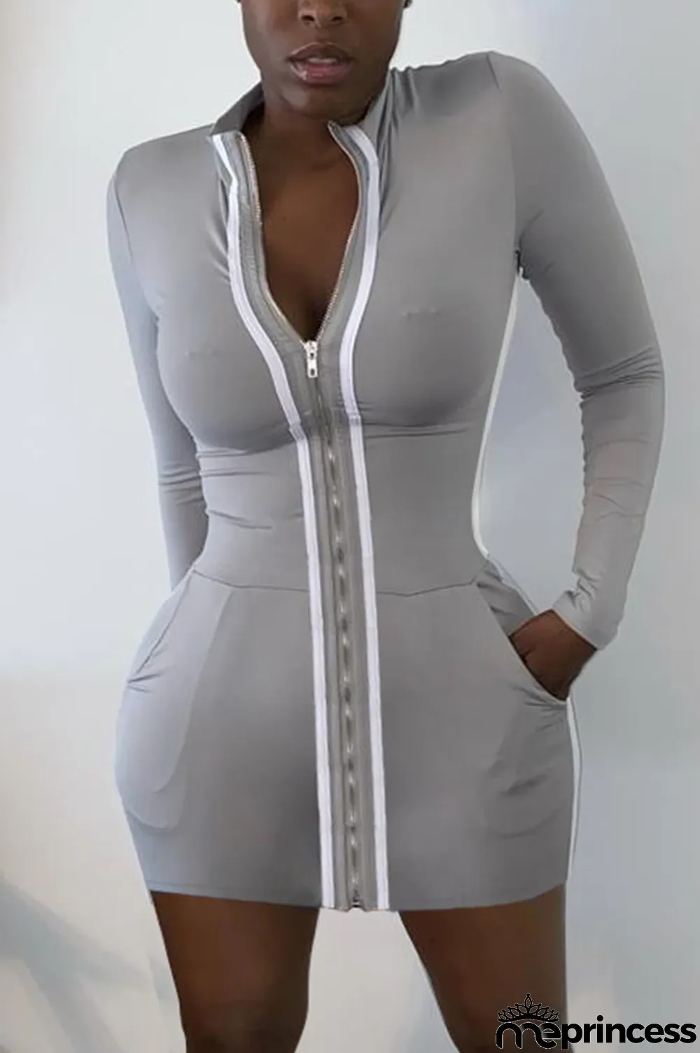 Grey Sexy Polyester Cotton Blends Patchwork Split Joint Basic Mandarin Collar Long Sleeve Mini Pencil Skirt Dresses