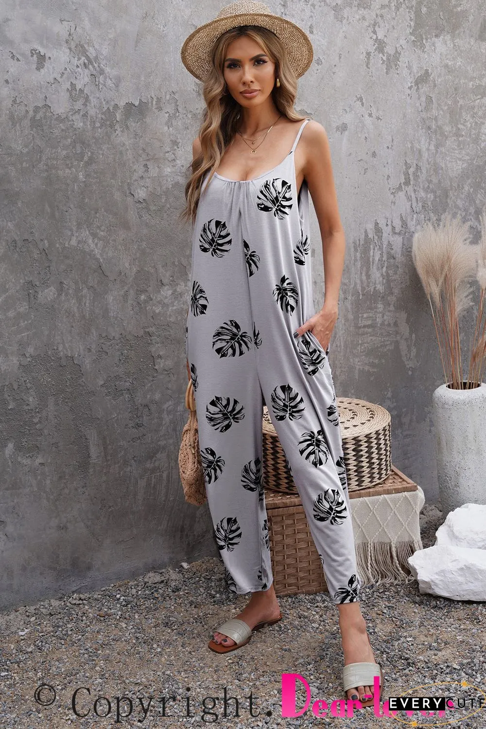 Print Spaghetti Strap Wide Leg Jumpsuit