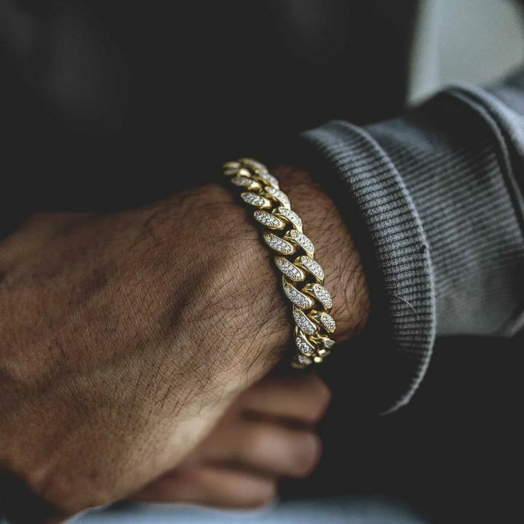 Gold 12MM Miami Cuban Link Bracelet Iced Out Jewelry-VESSFUL