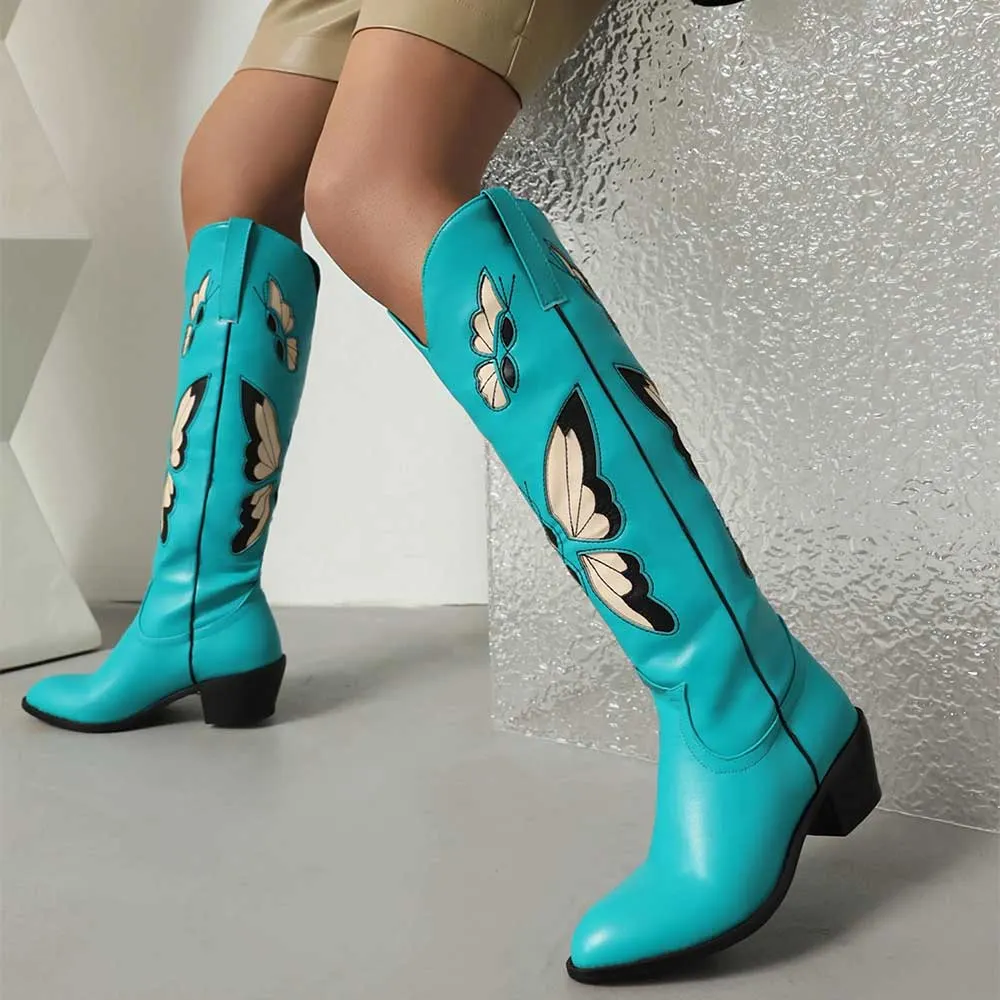 Turquoise Chunky Heel Knee High Cowgirl Boots with Butterfly Inlay