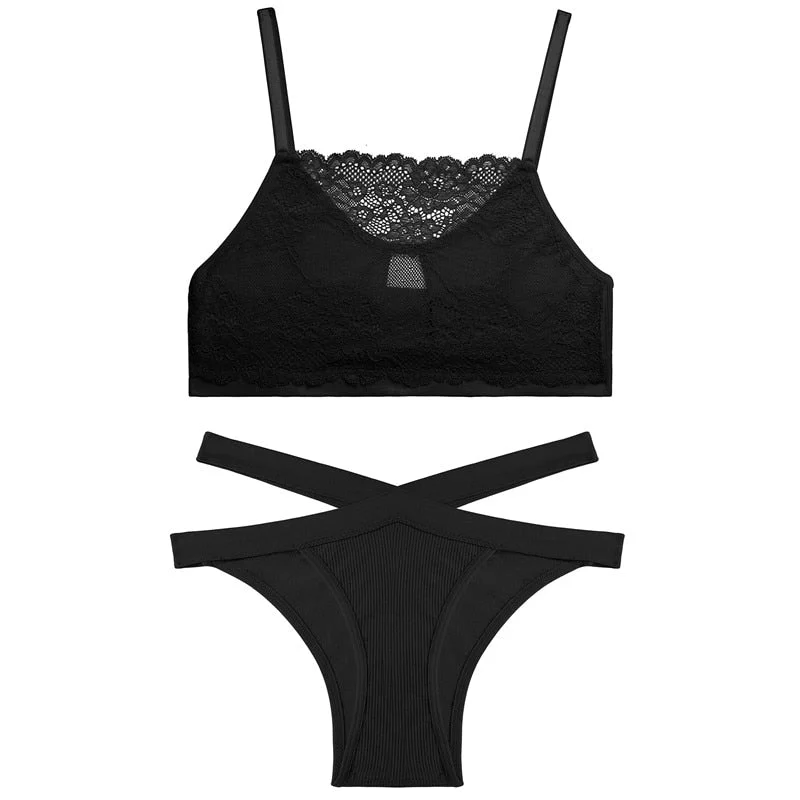 FINETOO Lace Hollow Out Bra Set Women Sexy Wireless Tops Soft Brazilian Panties Fashion Tube Top Low Waist Underpants Lingerie