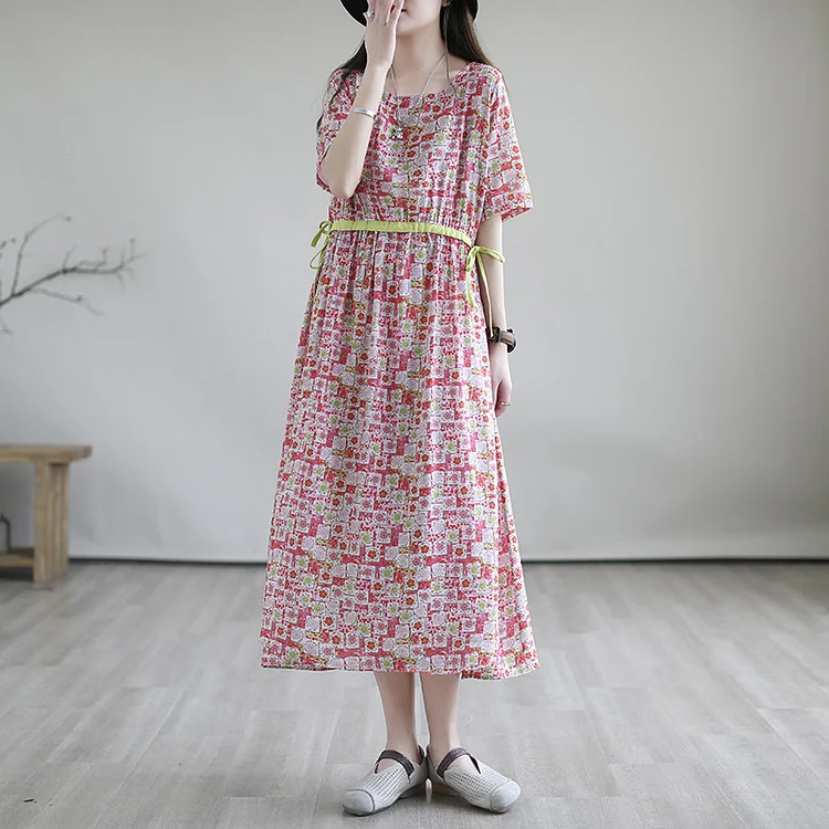 Vintage Print Short Sleeve Midi Dress