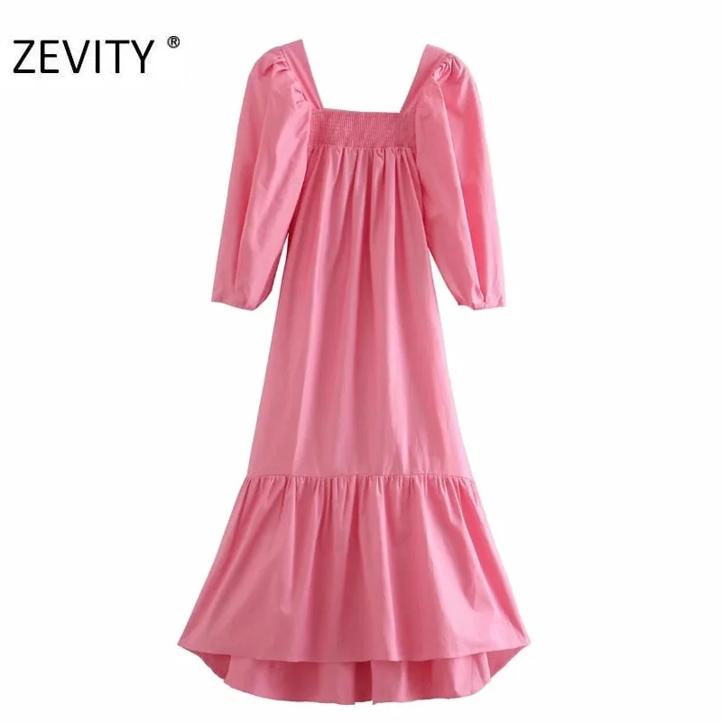 ZEVITY women fashion square collar puff sleeve pink color midi dress female hem pleat ruffles casual vestido chic dresses DS4425