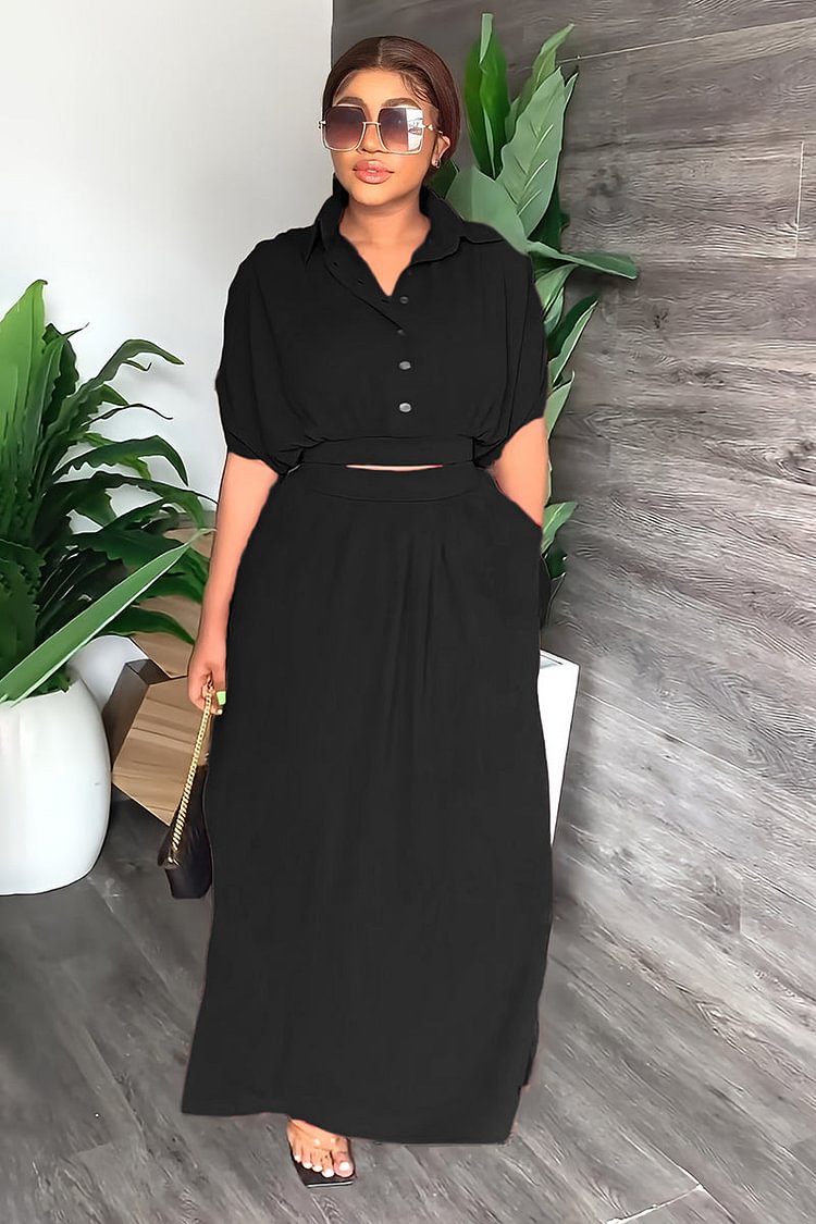 V Neck Ruched Short Sleeve Crop Top Maxi Skirt Two-Piece Set