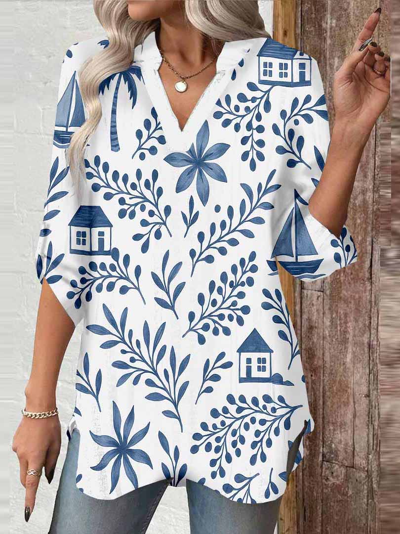 Women Blue, Tropical DZGA0077 3/4 Sleeve V-neck Printed Graphic Button Tops