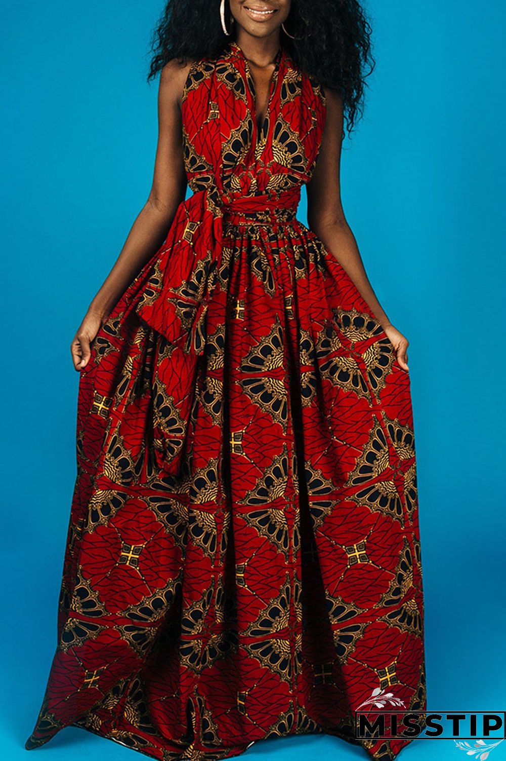 Red Vintage Elegant Print Patchwork Asymmetrical Collar A Line Dresses