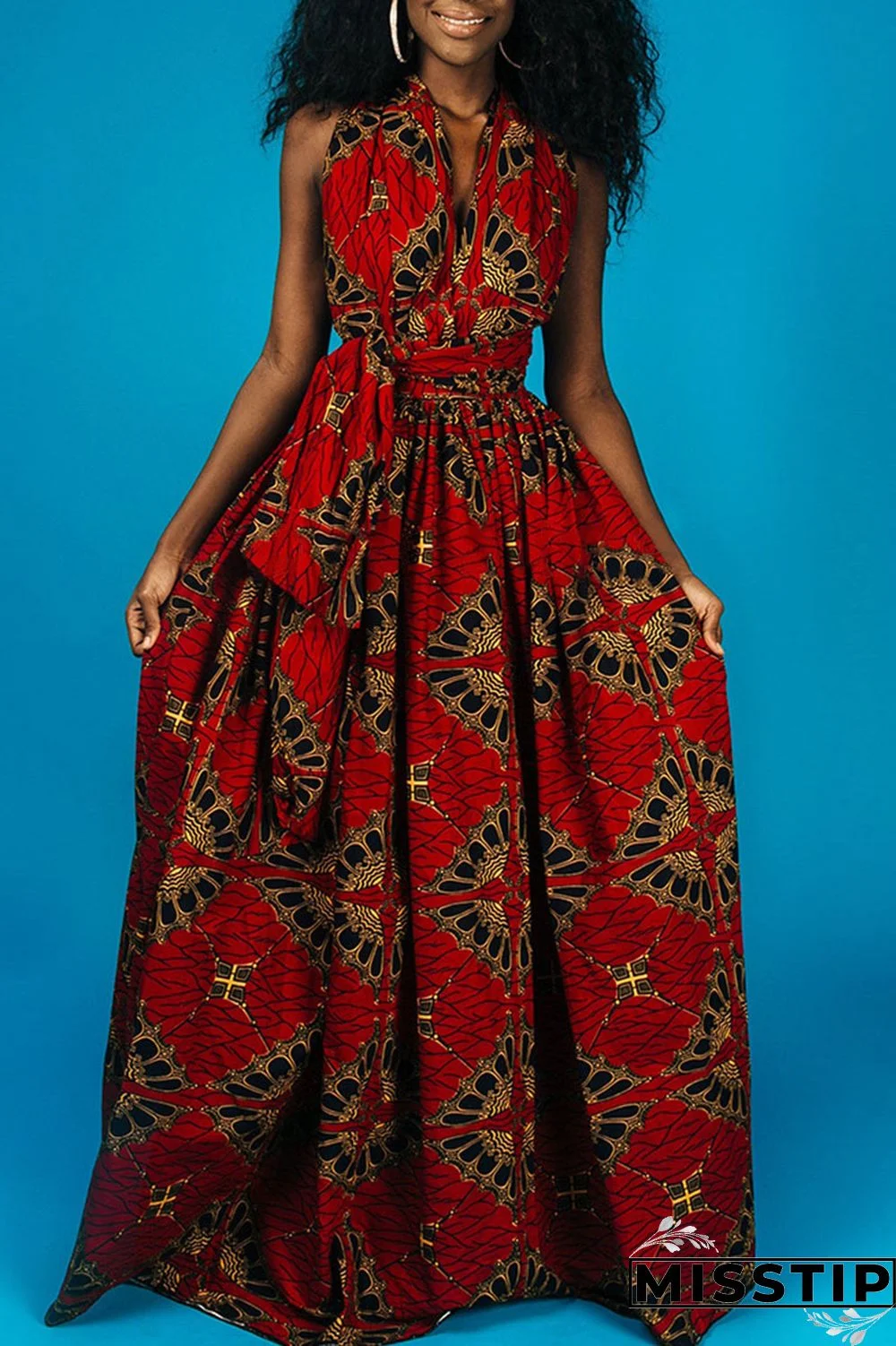 Red Vintage Elegant Print Patchwork Asymmetrical Collar A Line Dresses