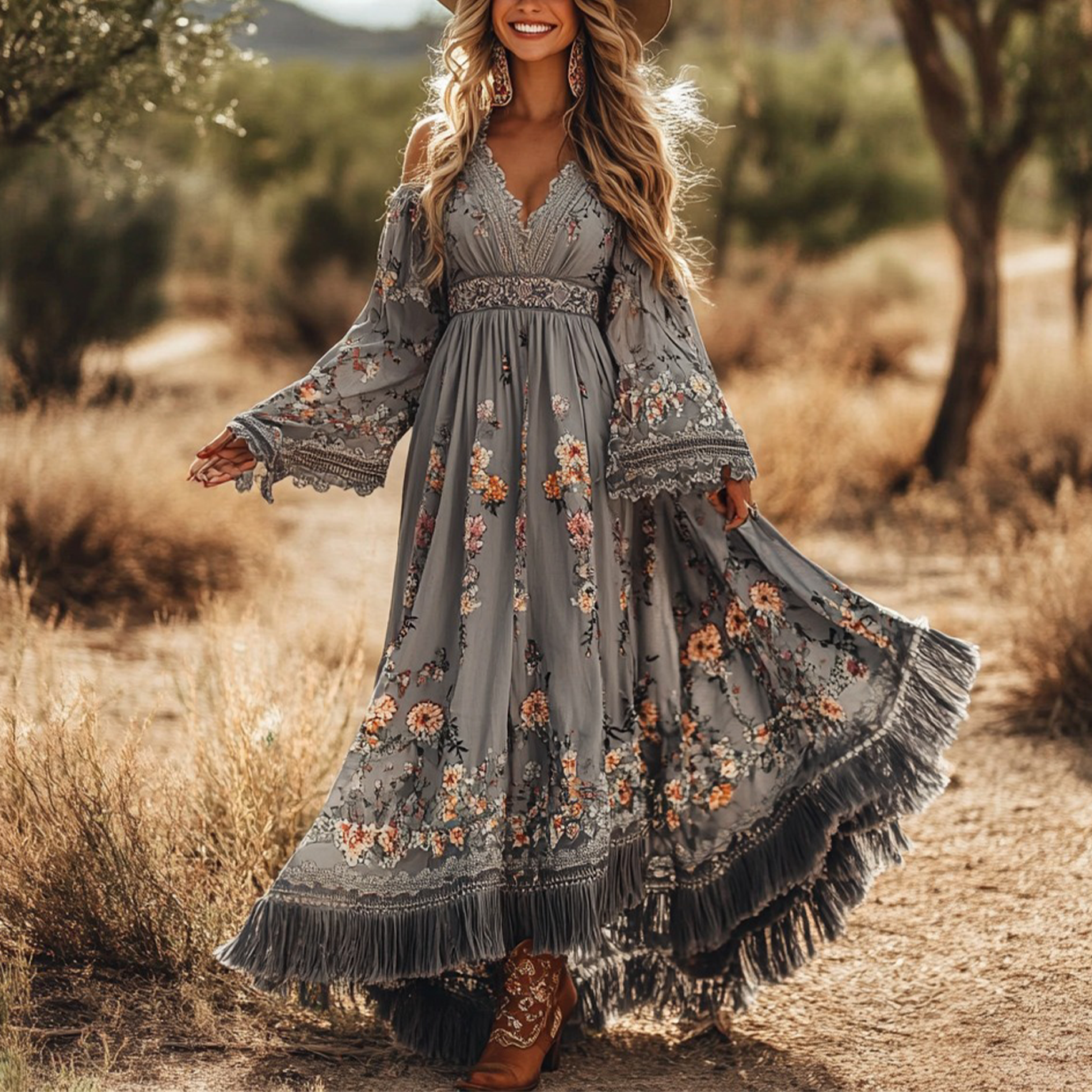 Women's Vintage Cowboy Bohemian Floral Maxi Dress With Tassel Details