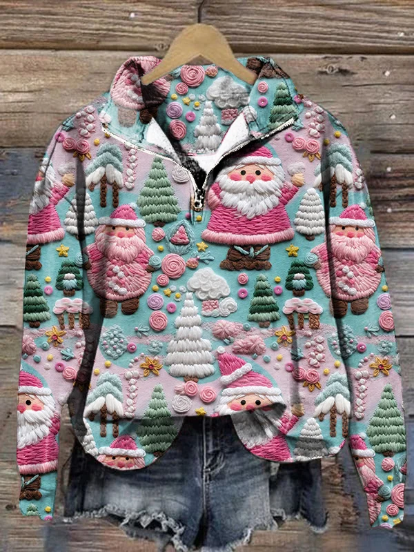 Christmas Santa Claus Printed Zipper Lapel Casual Sweatshirt