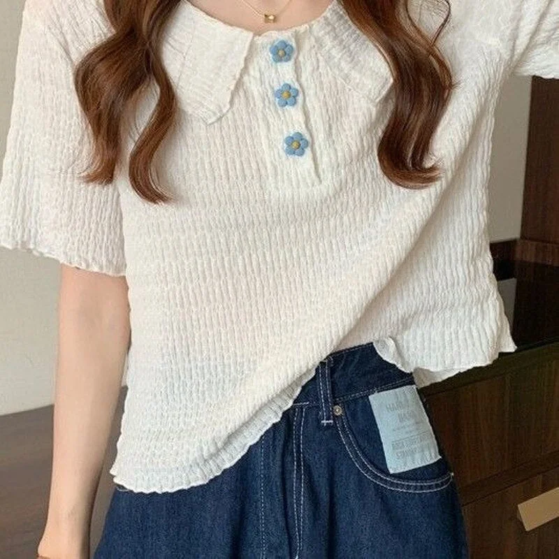 tlbang Women Lovely Flower-Buttons Summer Short Sleeve Fashion Design Korean Style Ladies Chic Crop Tops Sweet Loose College