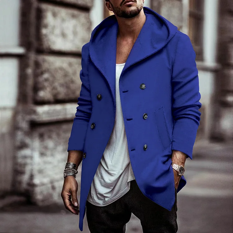Casual Double-Breasted Pocket Long Sleeve Plain Hooded Jacket