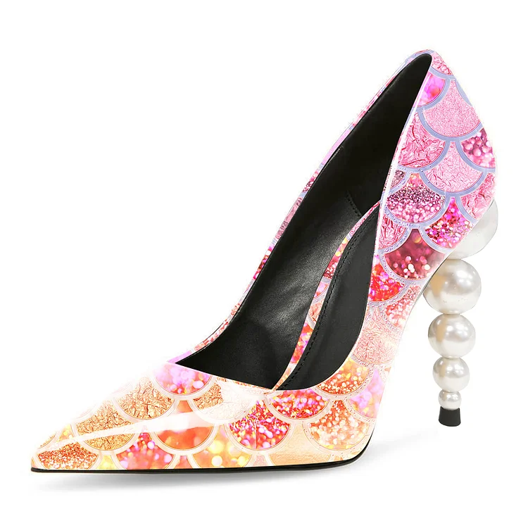 Multicolor Mermaid Evening Shoes Pearl Heel Pumps |FSJ Shoes