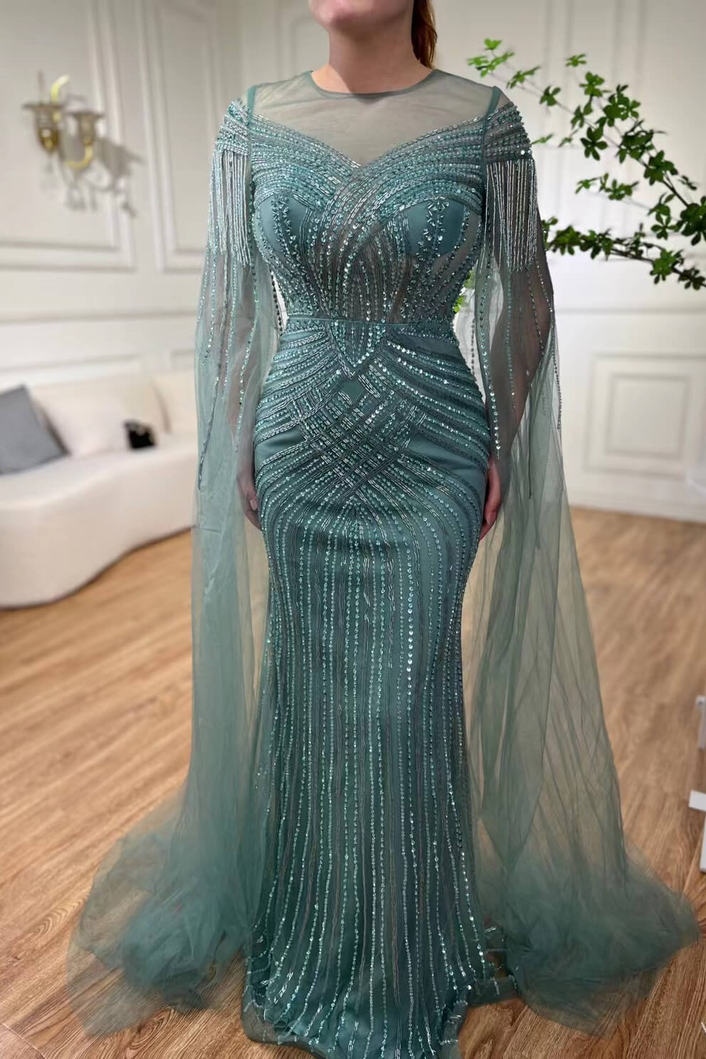 Bellasprom Dusty Sage Ruffle Sleeves Mermaid Prom Dress Beadings Long On Sale Bellasprom