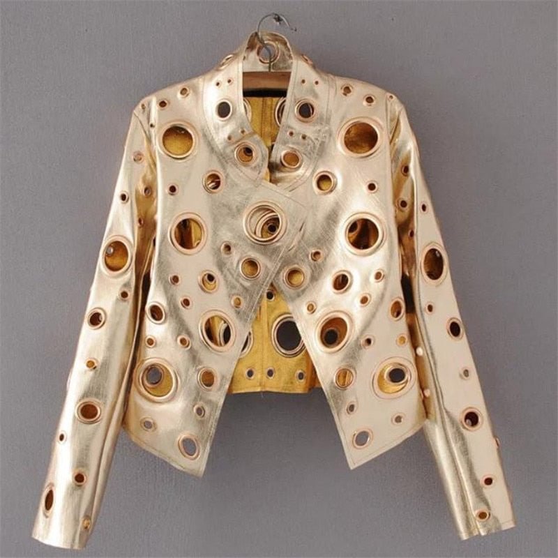 European and American Fashion Stand Collar pu Jacket Coat Loose Bright openwork Metal Ring Decoration pu Jackets Coats Black XL