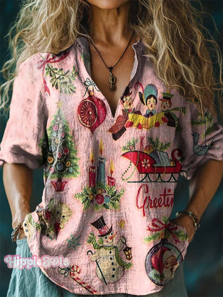 Women&rsquo;s Christmas Retro Pattern Print Linen V-Neck Shirt Pink / S