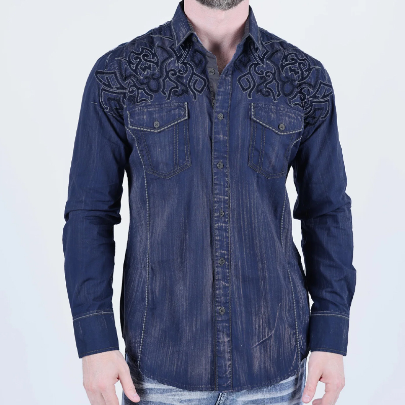 Mens Vintage Washed Modern Fit Stretch Blue  Shirt