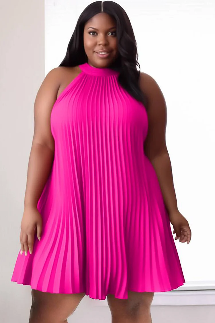 Xpluswear Design Plus Size Daily Hot Pink Halter Collar Pleated Mini Dresses [Pre-Order]