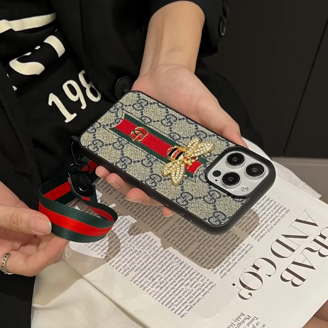 Gucci Ribbon Hand Rope 3D Bee Ophidia GG Apple iPhone16 ~11 Case Samsung Cover