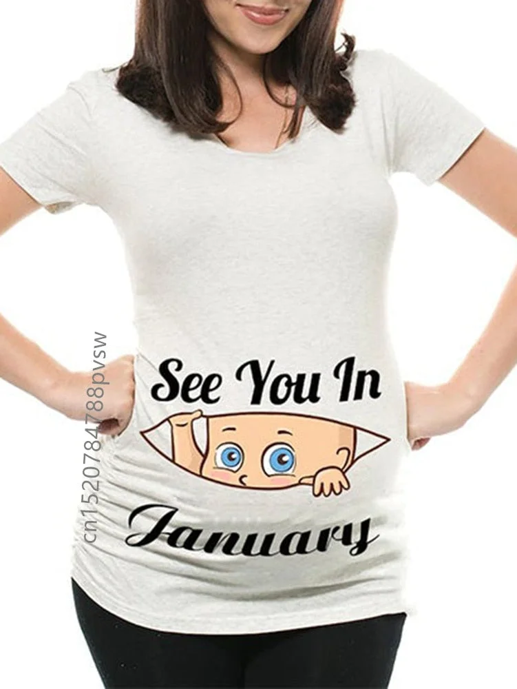 Funny See You In January-December Women Pregnant T Shirt Female Maternity Pregnancy Announcement New Mom Clothes