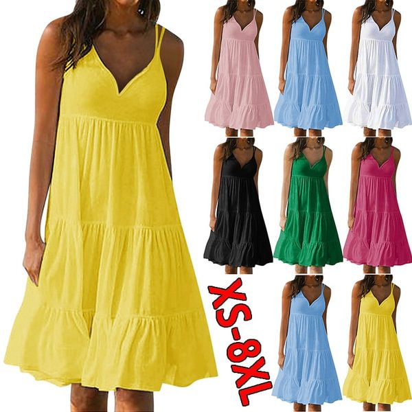 Women Fashion Spring Summer Party Beach Dresses Solid Color Casual Loose A-line Skirt Cotton V-Neck Sleeveless Plus Size Holiday Dress Ladies Mini Cami Tank Top Dress - Life is Beautiful for You - SheChoic