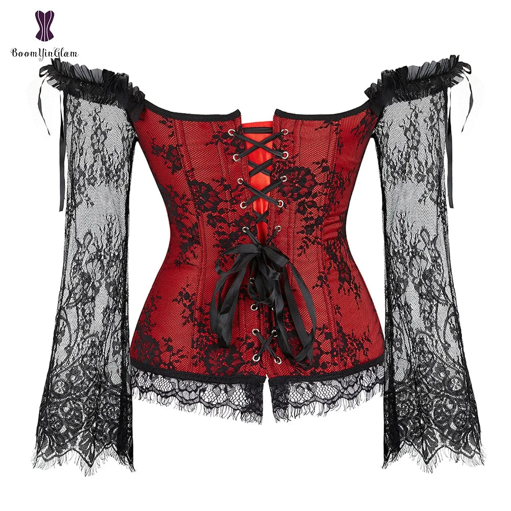 Long Floral Sleeves Women's Sexy Gothic Victorian Corset Vintage Lace Up Bustier Off Shoulder Corsets Overbust Top