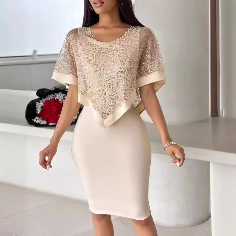 Wongn Wongn Women Sexy Elegant Slim Waist Fake Two Sequined Dresses