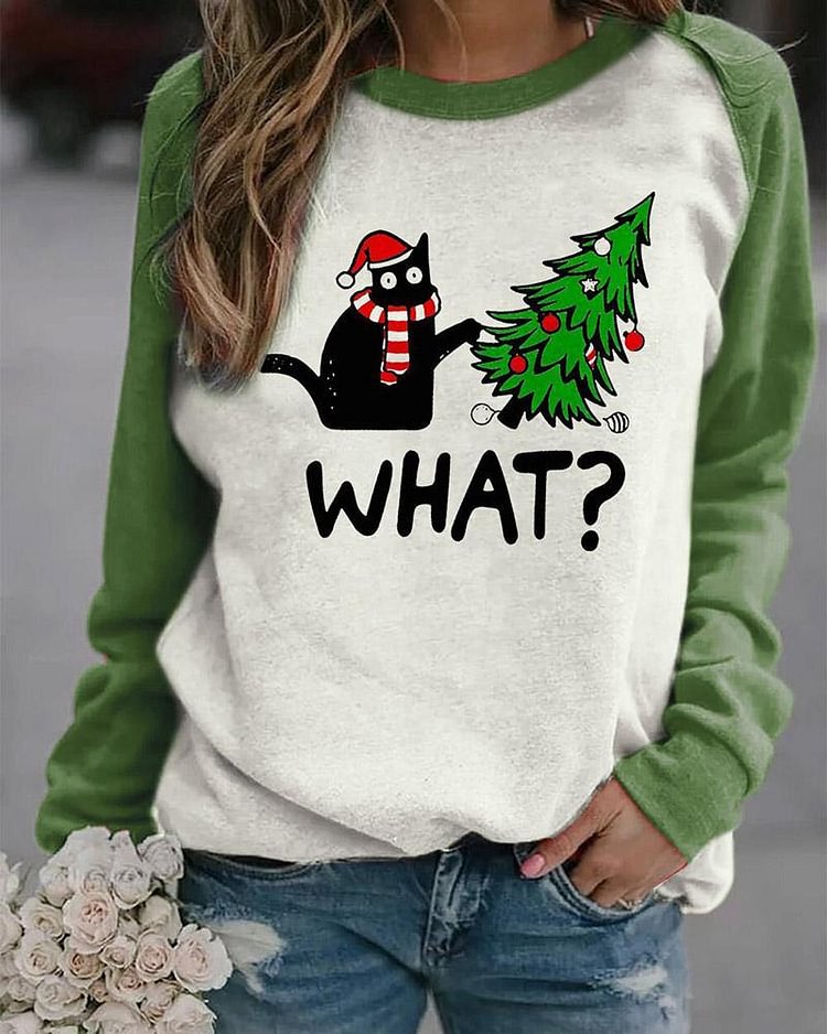 Funny Cat Christmas Tree WHAT? Printed Sweatshirt-luchamp:luchamp