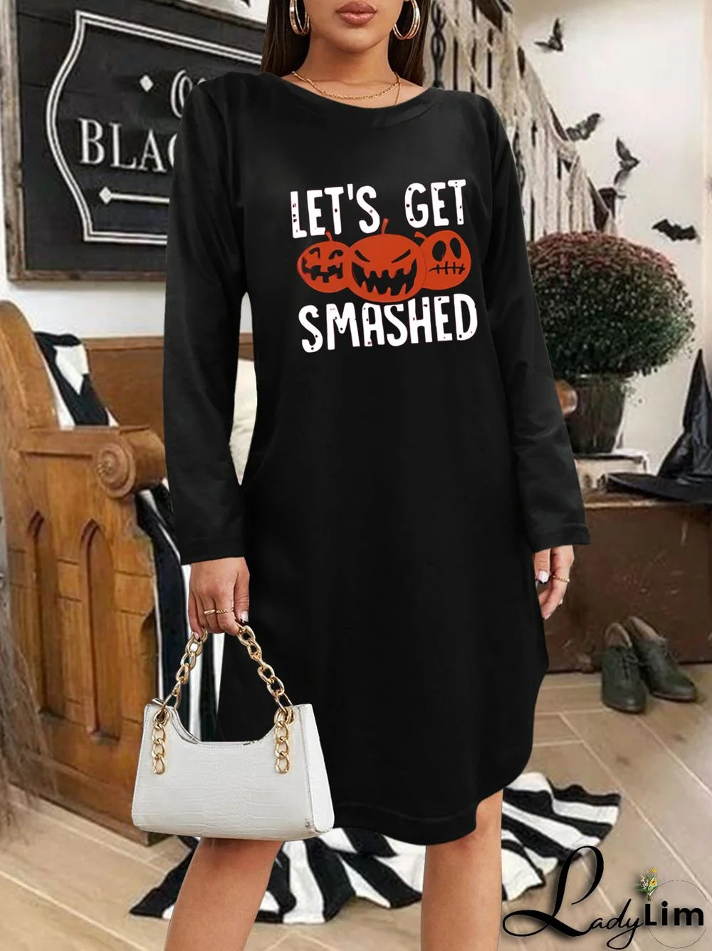 Women Long Sleeve Scoop Neck Graphic Midi Dress