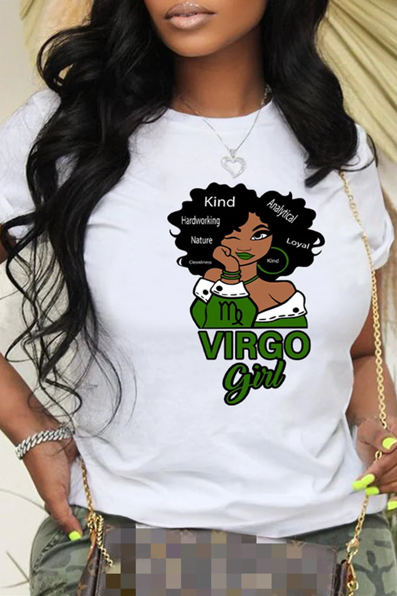 White Fashion Casual Print Basic O Neck T-Shirts