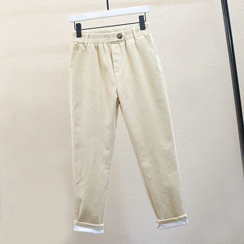 Pants Women Elastic Waist Solid Corduroy Korean Pant Womens Clothing Leisure Ankle- Length Trouser Loose Basic All-match Elegant
