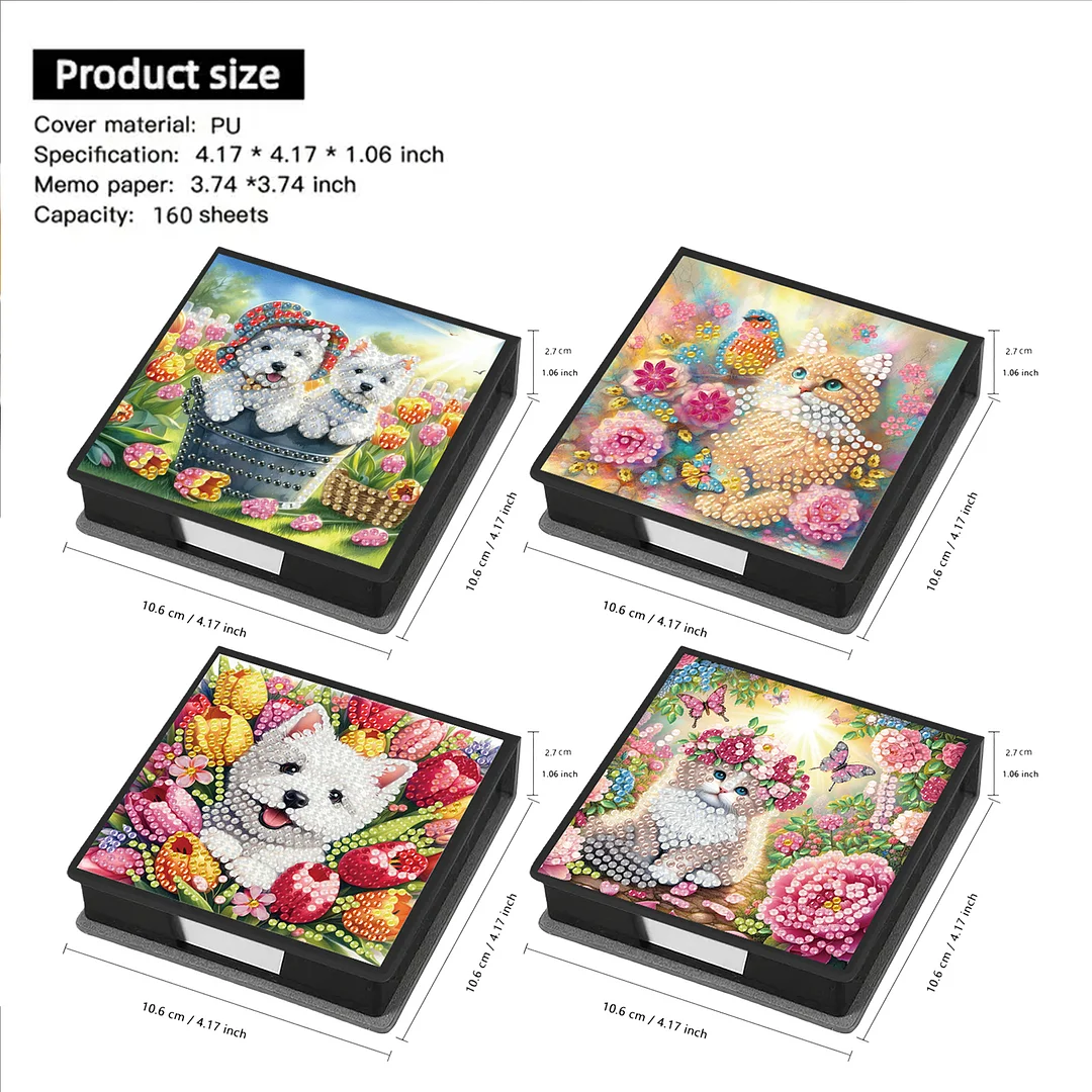 4Pcs Cat 5D DIY PU Diamond Painting Kit Office Note Box with 160 Sheets Paper