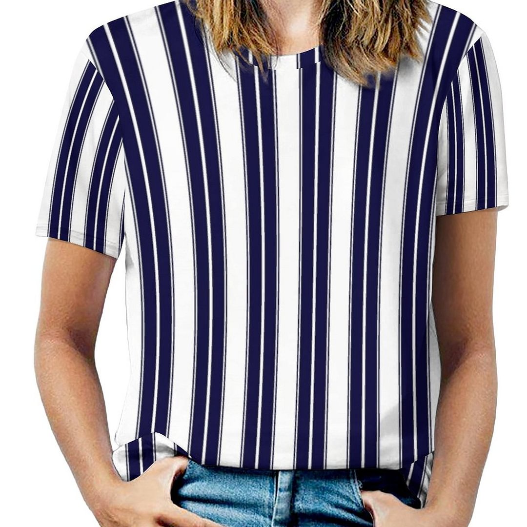 Navy Blue And White Striped Short Sleeve Shirt Women Plus Size Blouse Tunics Tops
