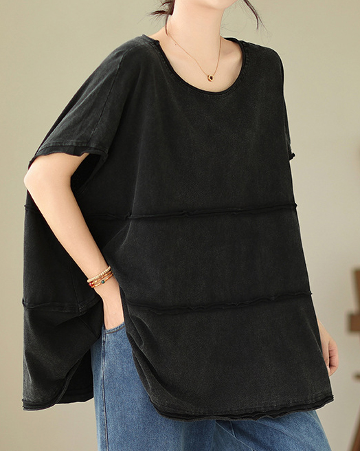 Asymmetric Hem Round Neck Short Sleeve Solid Color Simple Loose Top