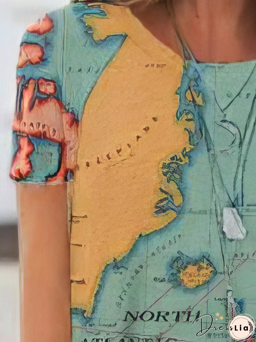 Loose Map Print Short-sleeved T-shirt
