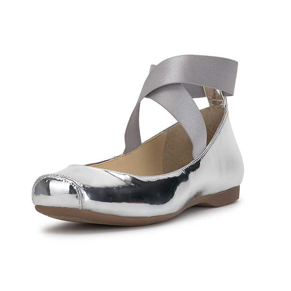Silver Metallic Round Toe Flat Criss-Cross Strappy Ballet Shoes Nicepairs