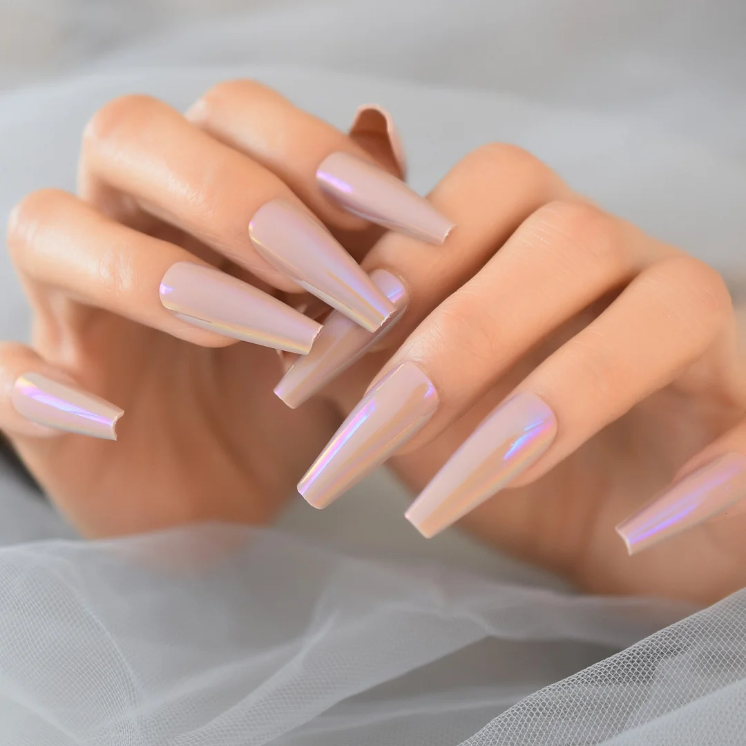 Acrylic Fake Press On Nail Chrome Pink gel Rainbow False Artificial Nails Metallic For Women Faux Ongles Coffin Ballerina-Nail Inspo