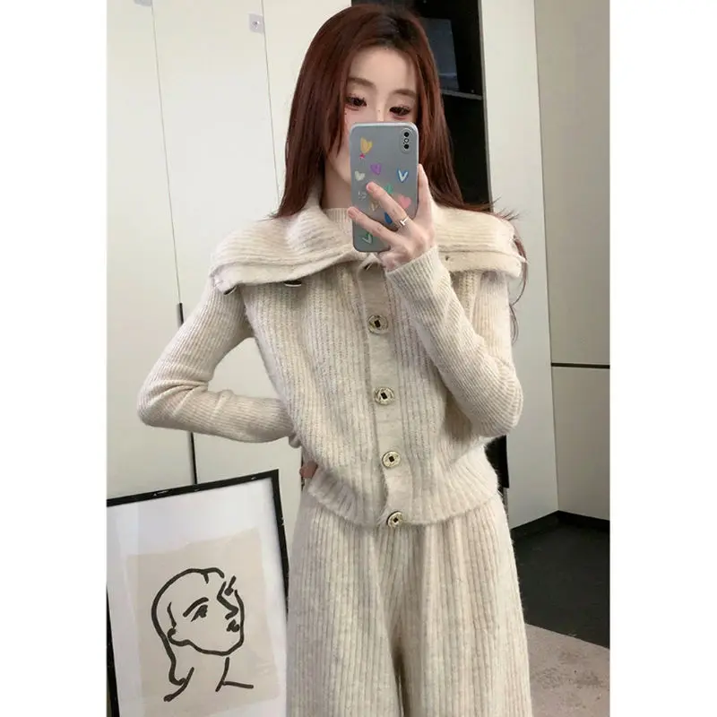 French Haute Couture Sweater Set Women's 2025 New High-waisted Wide-leg Pants Lapel Vest Knitted Sweater Three-piece Thick Set