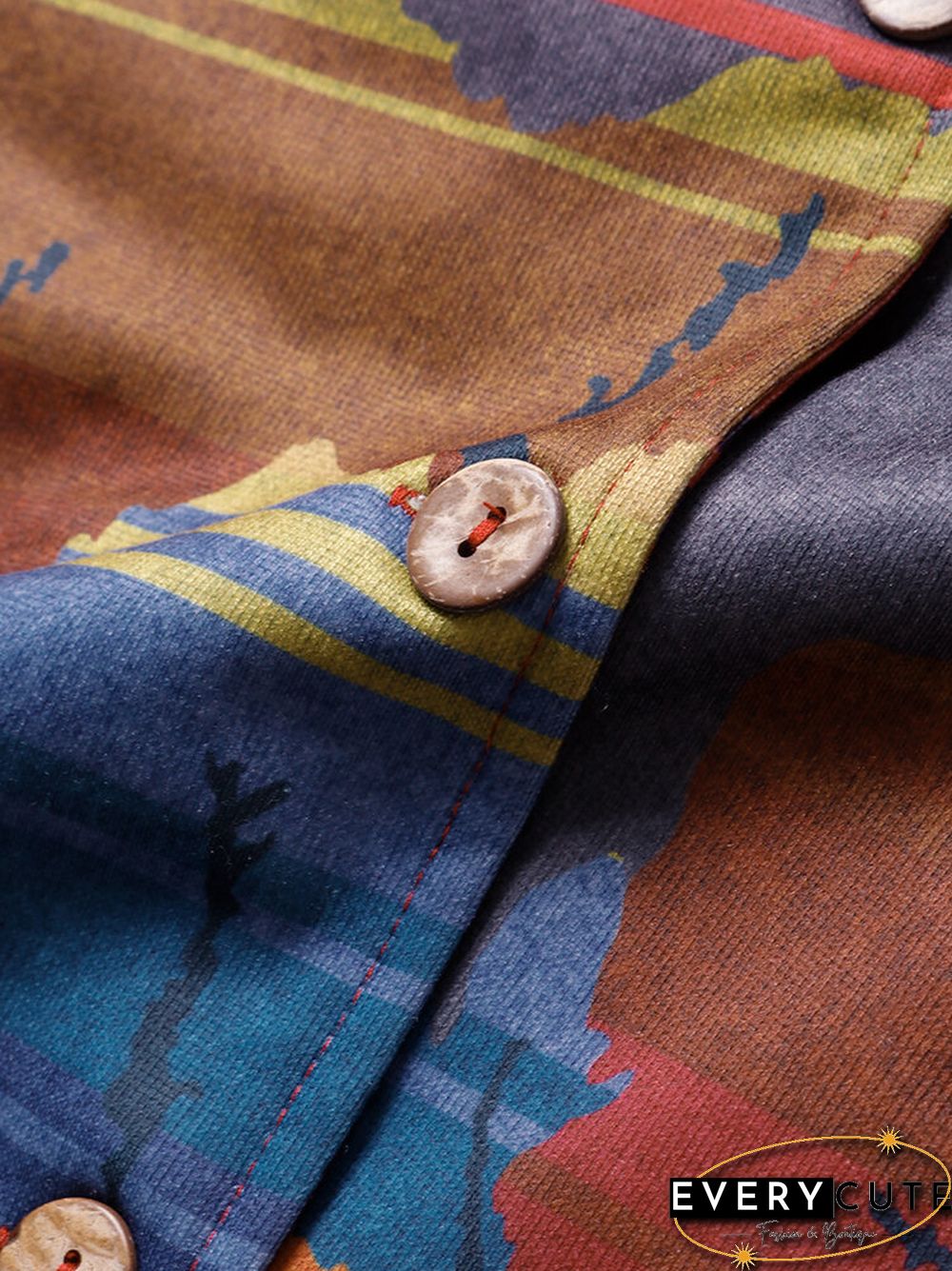 Vintage Print Long Sleeves O-neck Casual Button Coats For Women