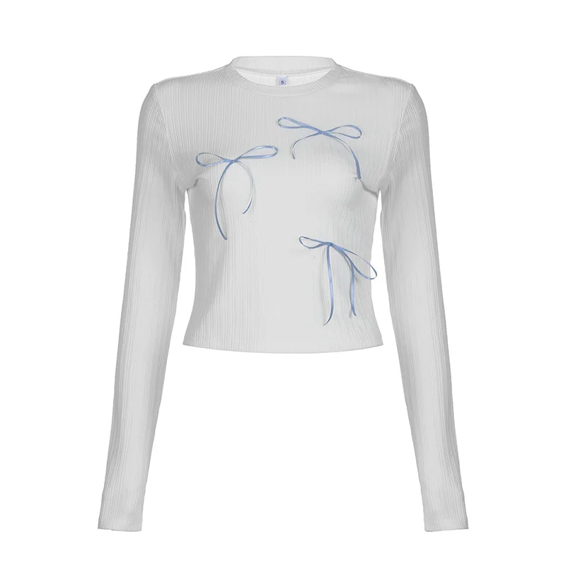 Ueong Young Girl Style Bow Tie Tie Stitched Knitted Blouse 2024 Round Collar Pit Strip Slim Solid Color T-Shirt