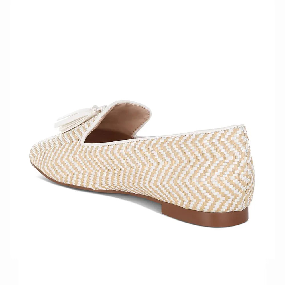 Beige and White Raffia Stripe Round Toe Tassel Loafer Flat Shoes Women